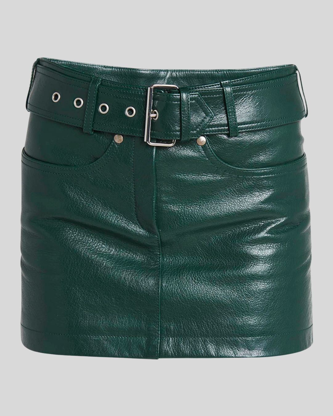 front view of womens green leather mini skirt with belt without model