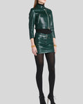 front view of womens green leather mini skirt with belt