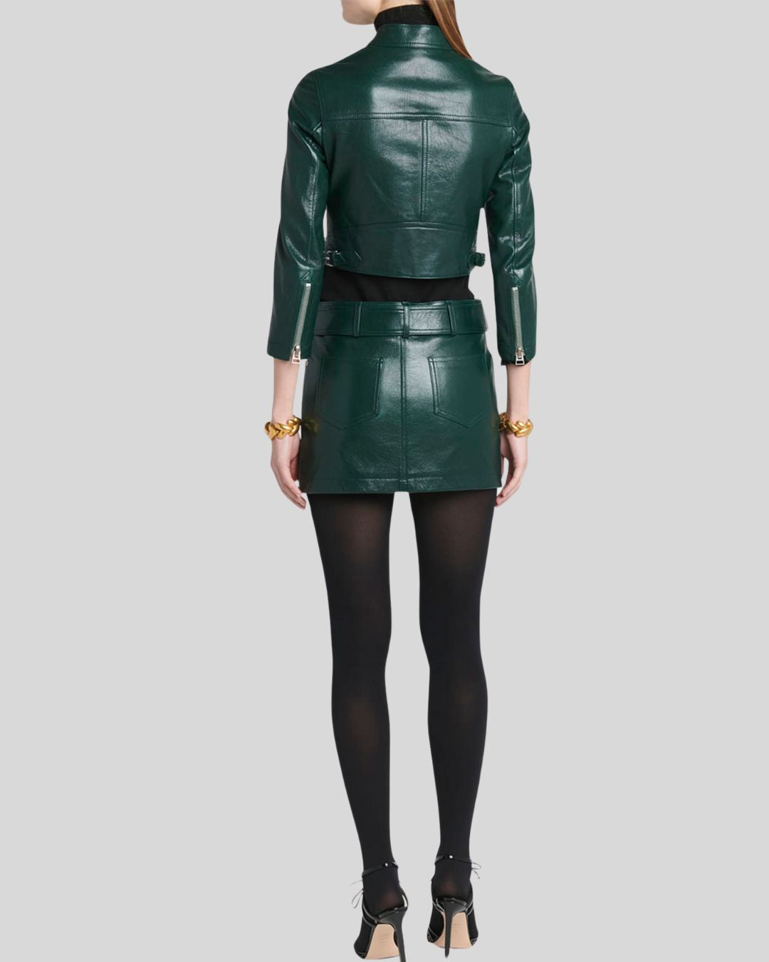 front view of womens green leather mini skirt with belt