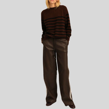 front view of Espresso Stride baggy brown leather pants