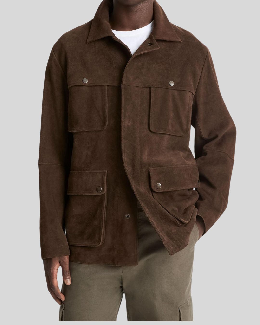  brown suede utility jacket front view – Field Marshal Jacket