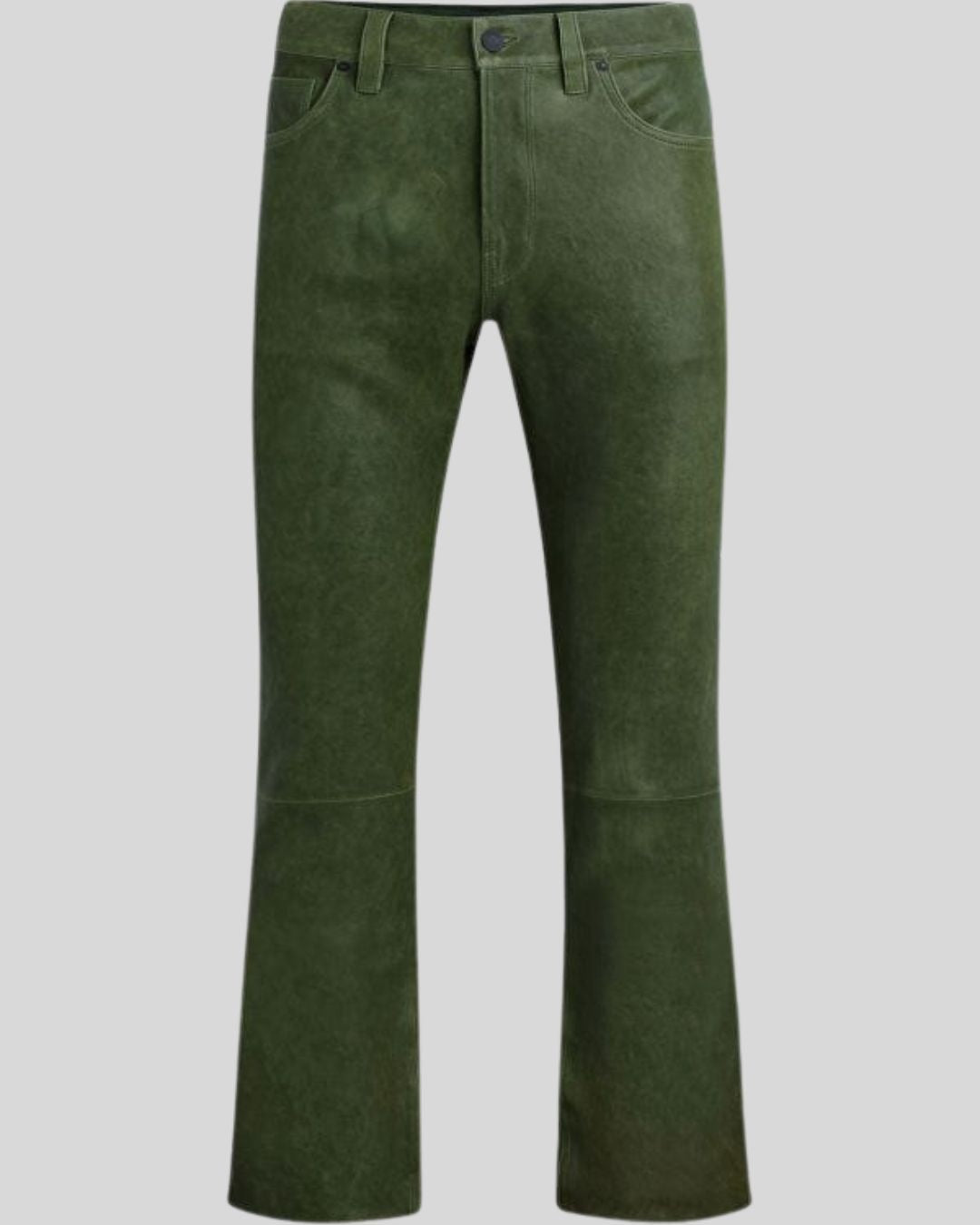 front view of Forest Mirage green leather flare pants