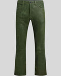 front view of Forest Mirage green leather flare pants