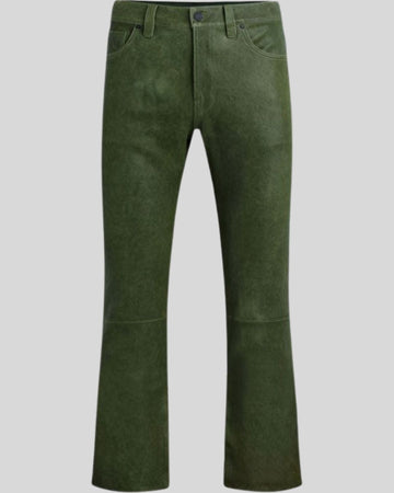 front view of Forest Mirage green leather flare pants