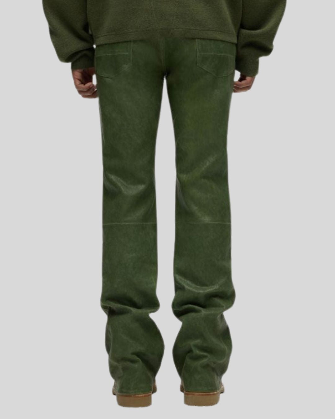 front view of Forest Mirage green leather flare pants