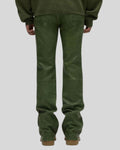 back view of men’s forest green leather flare pants