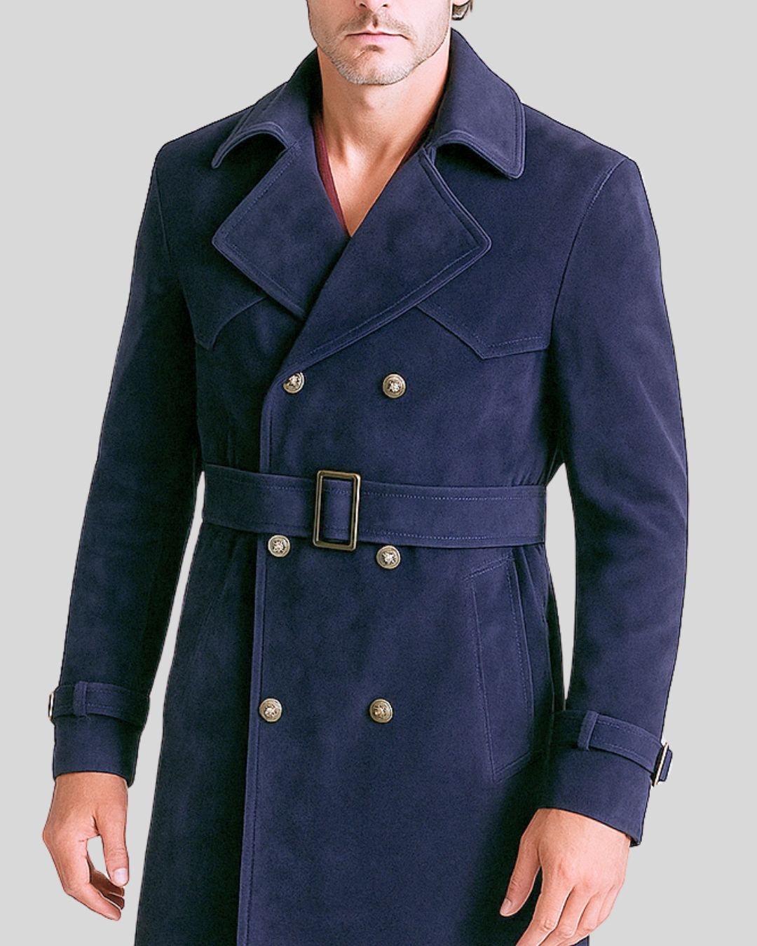 Navy blue coat with a belt on a gray background