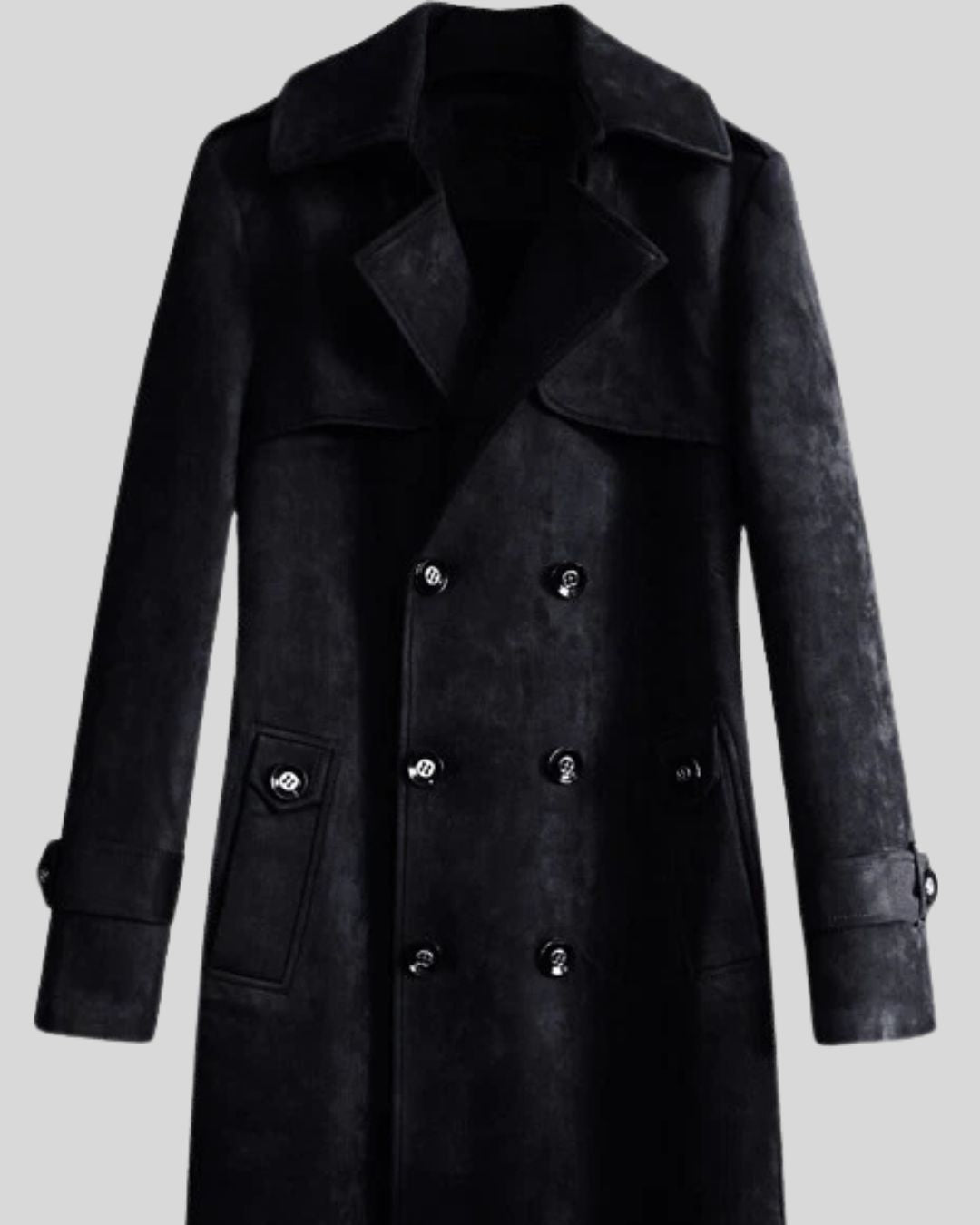 Close-up of black suede trench coat double buttons and collar