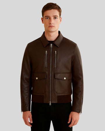 Dark brown leather bomber jacket front view on male model
