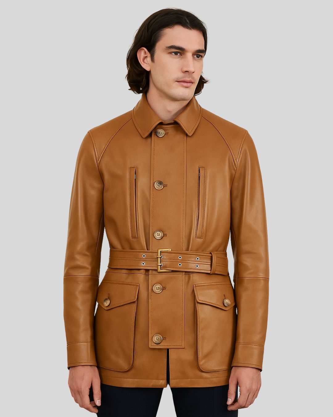 Men's tan leather safari jacket with belt and horn buttons