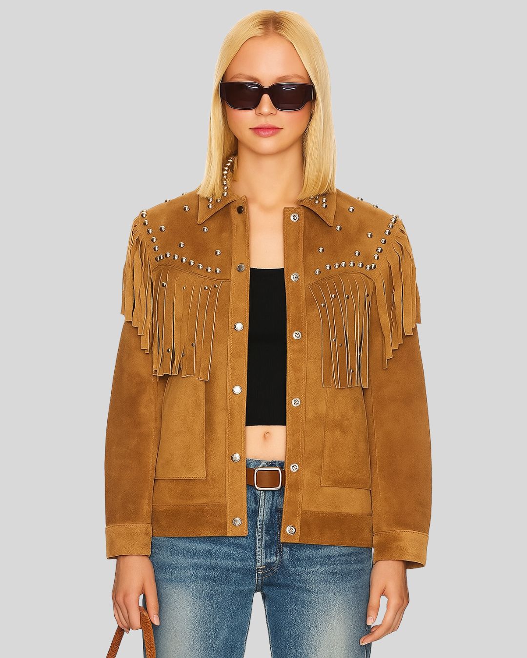 Front view of tan suede fringe jacket with studded collar and chest fringe