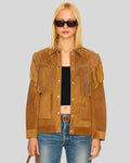 Front view of tan suede fringe jacket with studded collar and chest fringe