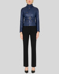 Full body front view navy leather coat women’s cropped belted style