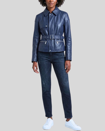 Midnight Cinch Womens Navy Belted Short Leather Jacket
