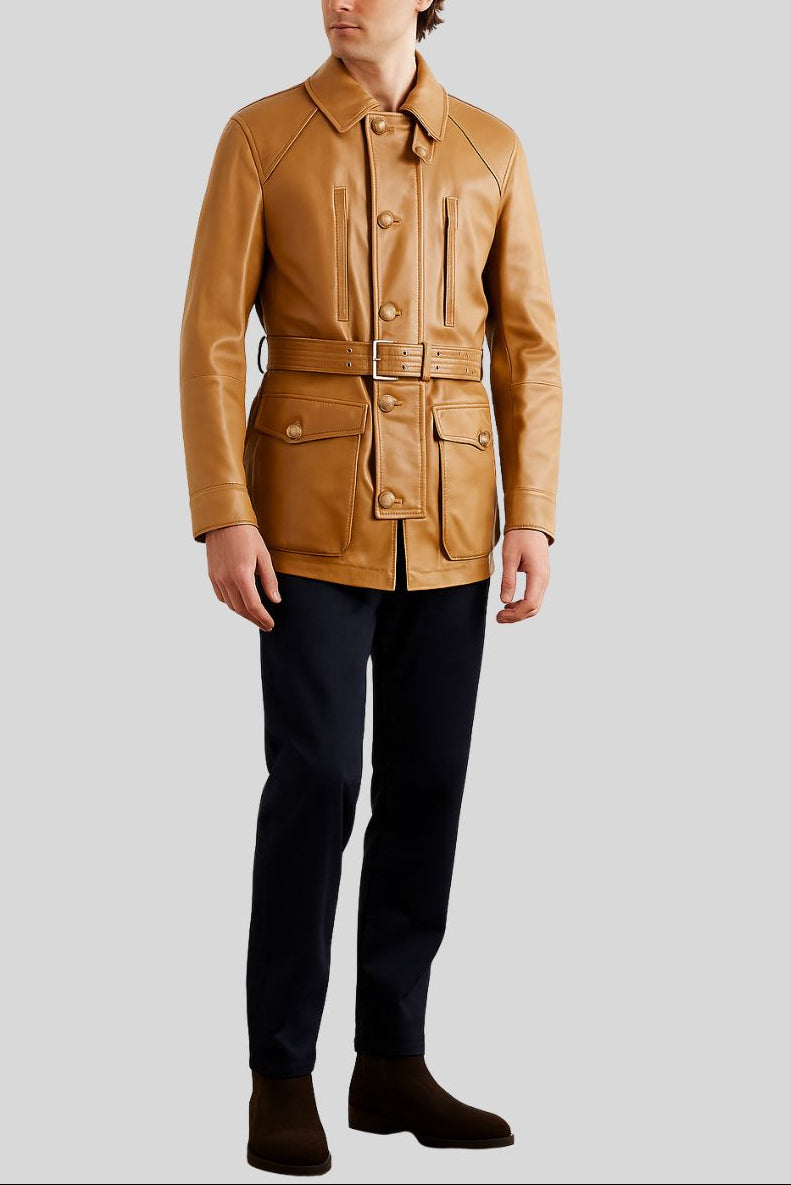 Men's tan leather safari jacket with belt and horn buttons