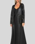  Full-length black leather fringe jacket paired with slip dress
