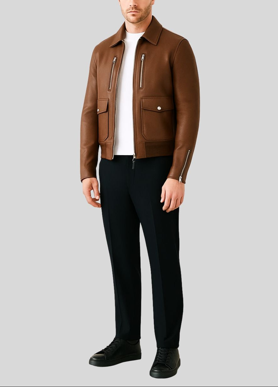 Copperfield Brown Leather Bomber Jacket