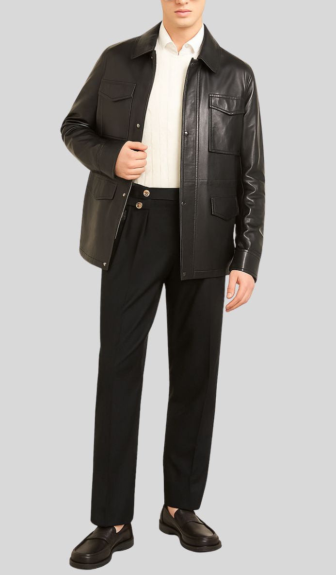 Male model with hand in pocket wearing black leather jacket