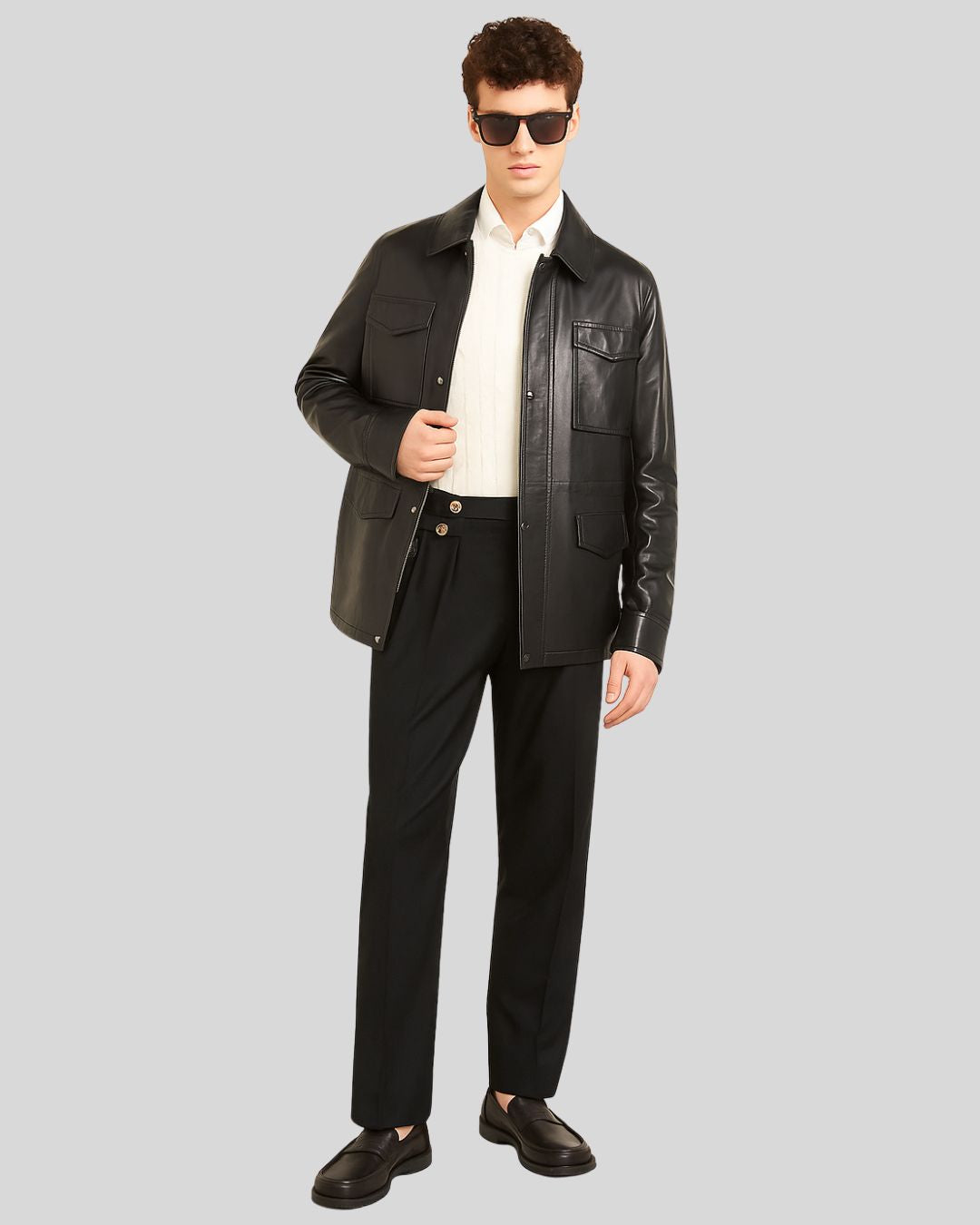 Model styling Imperial Utility Jacket with sunglasses and full outfit
