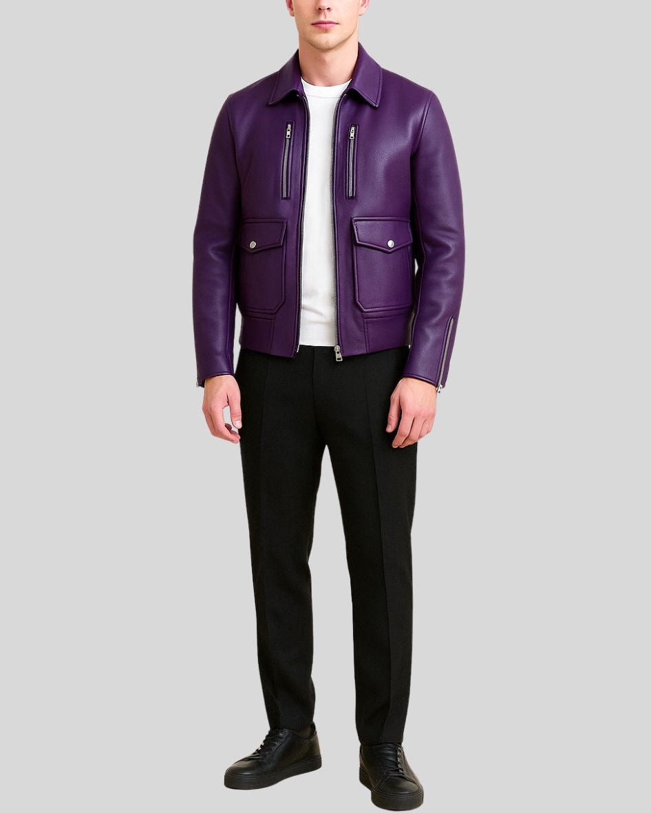 Front view of purple leather utility bomber jacket for men