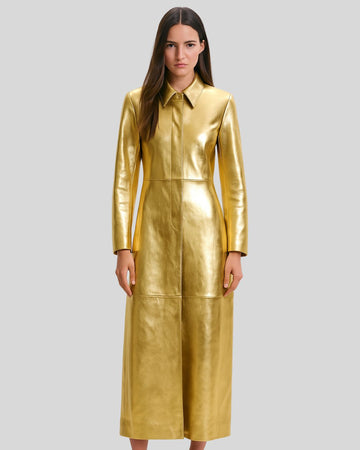 Gold metallic leather trench coat for women – full front view