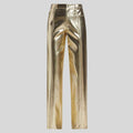 flat lay of gold metallic leather pants for women