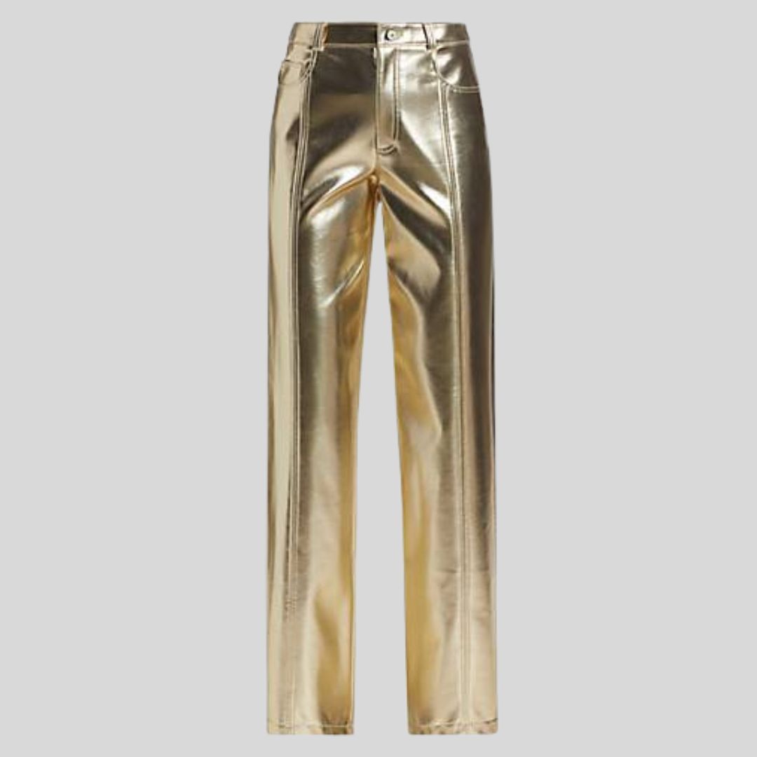 flat lay of gold metallic leather pants for women