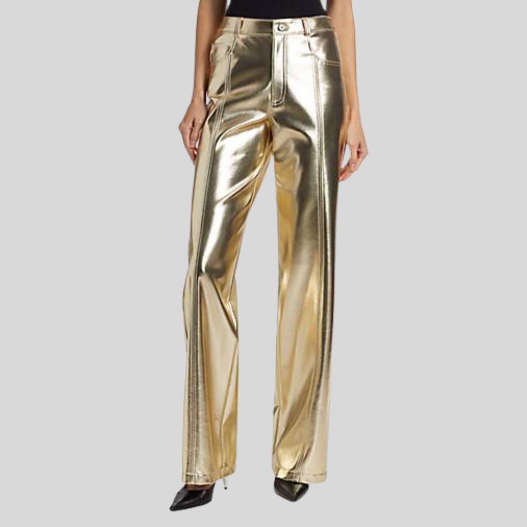 front view of gold leather pants for womens