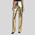 front view of gold leather pants for womens