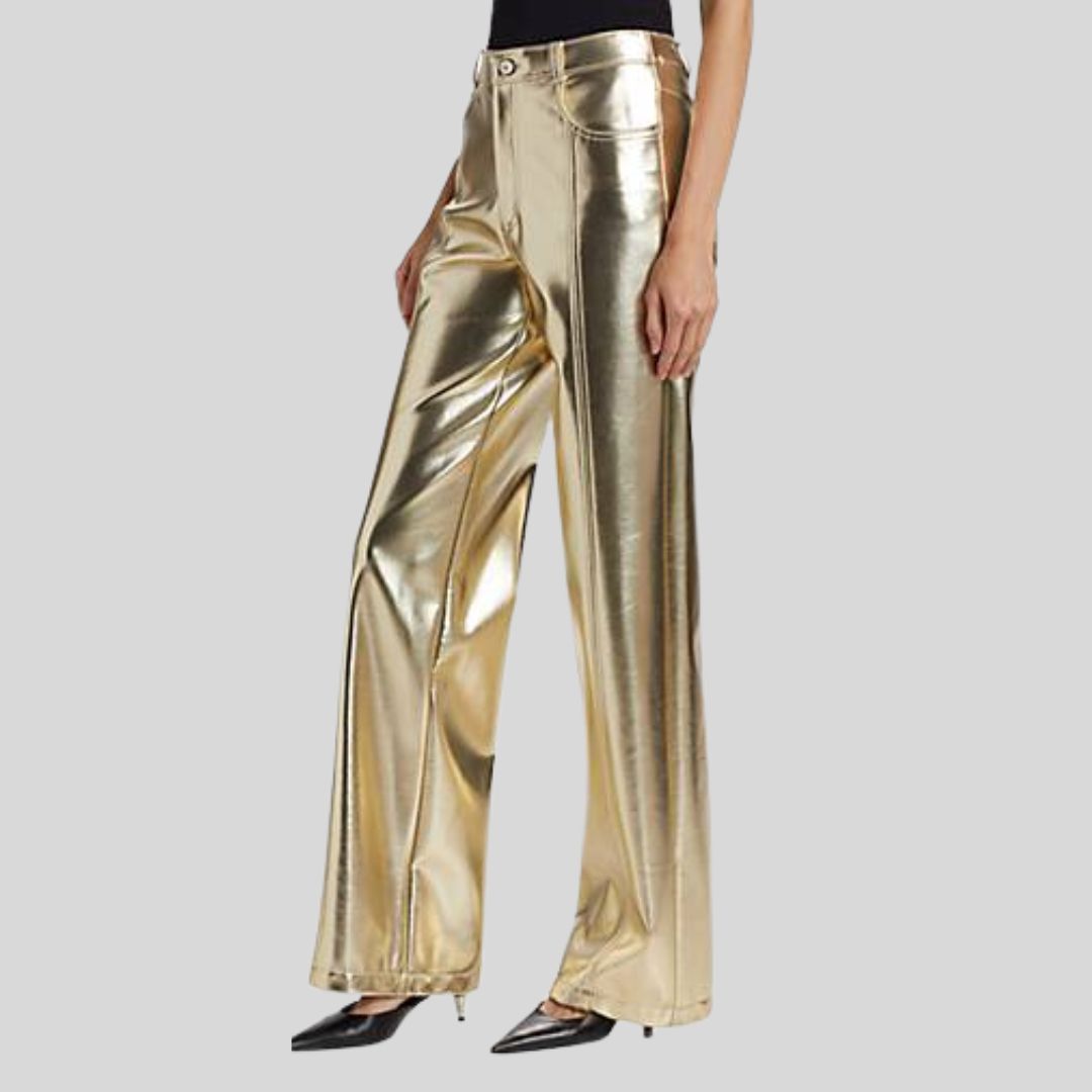 front view of gold leather pants for womens