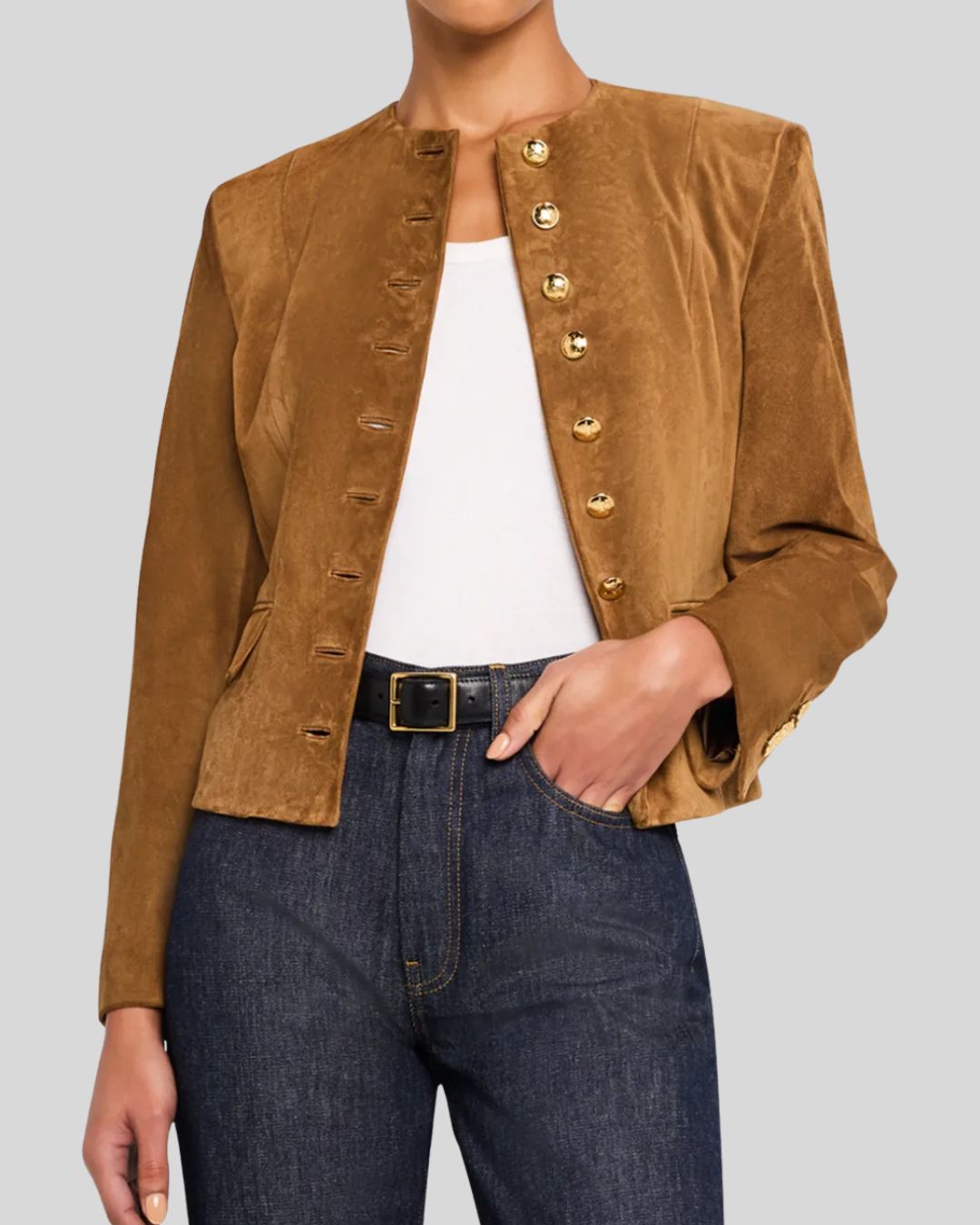 Front view of women's tan suede jacket with gold buttons