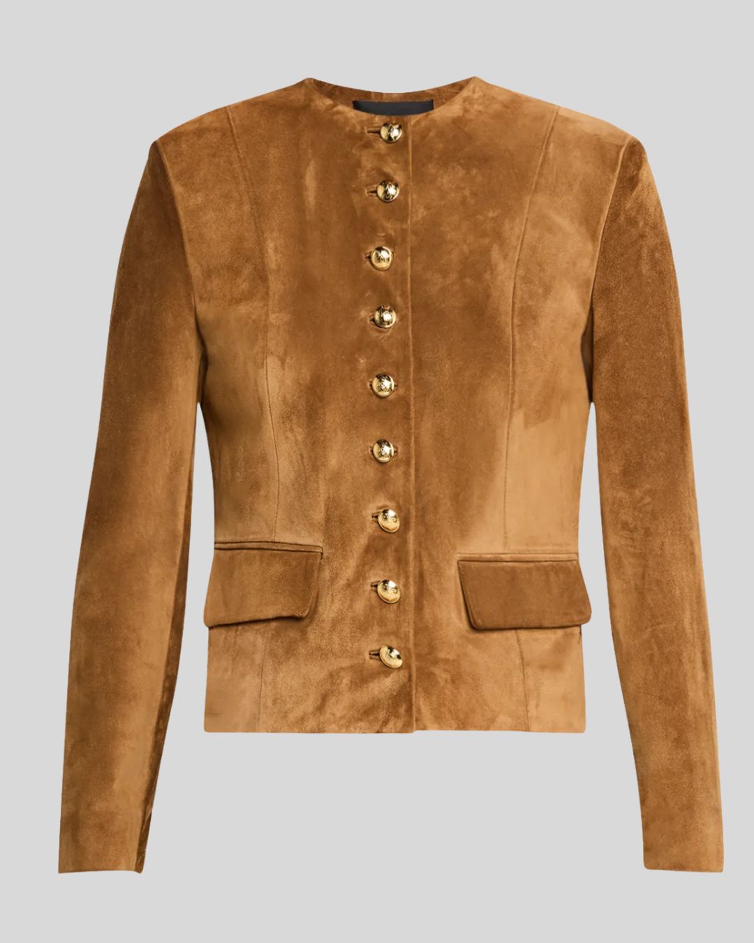 Front view of women's tan suede jacket with gold buttons