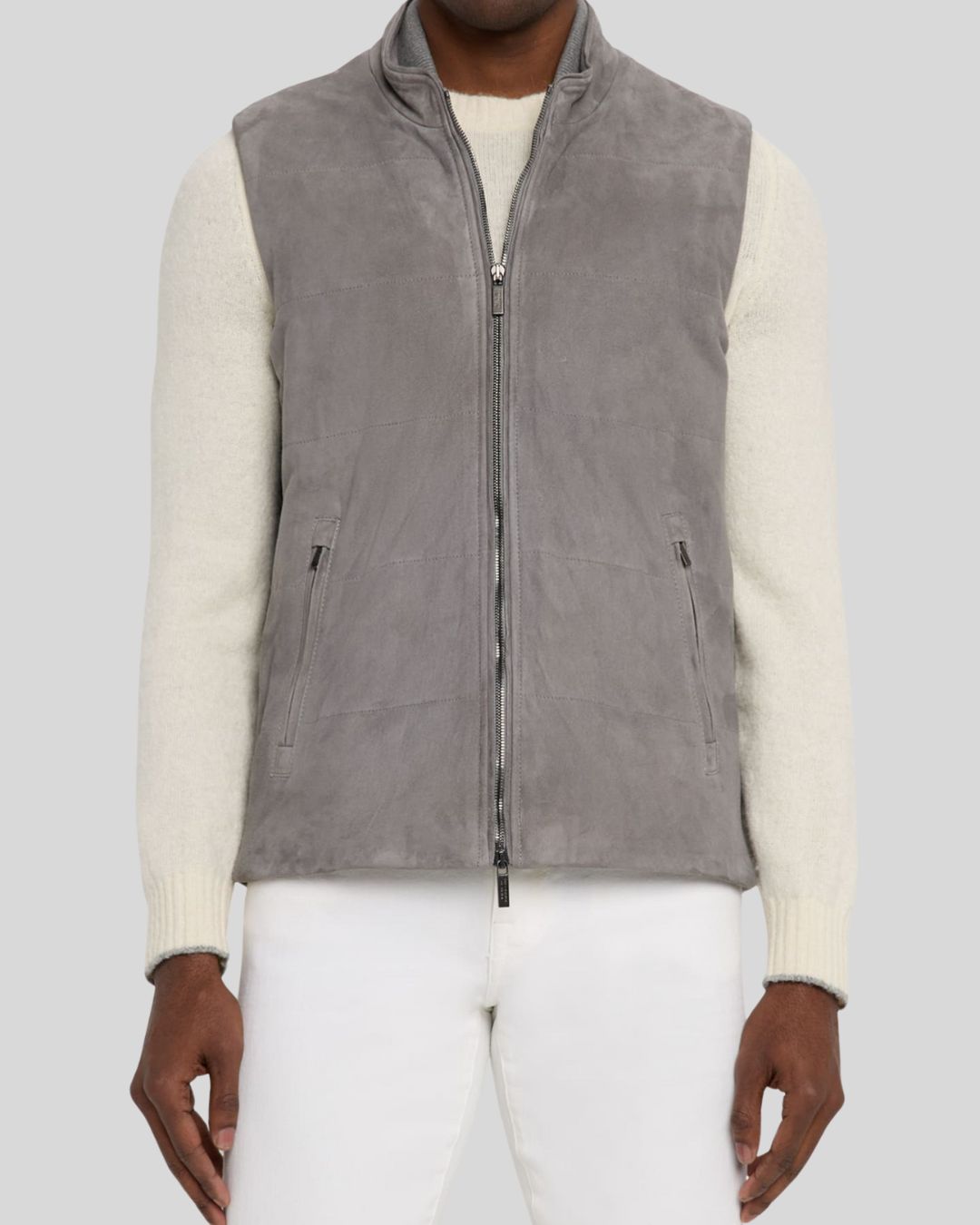  Front view of grey leather suede vest on model