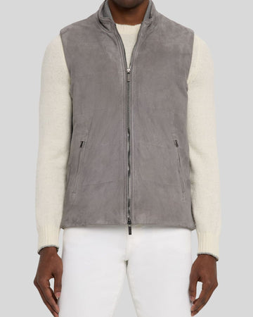  Front view of grey leather suede vest on model