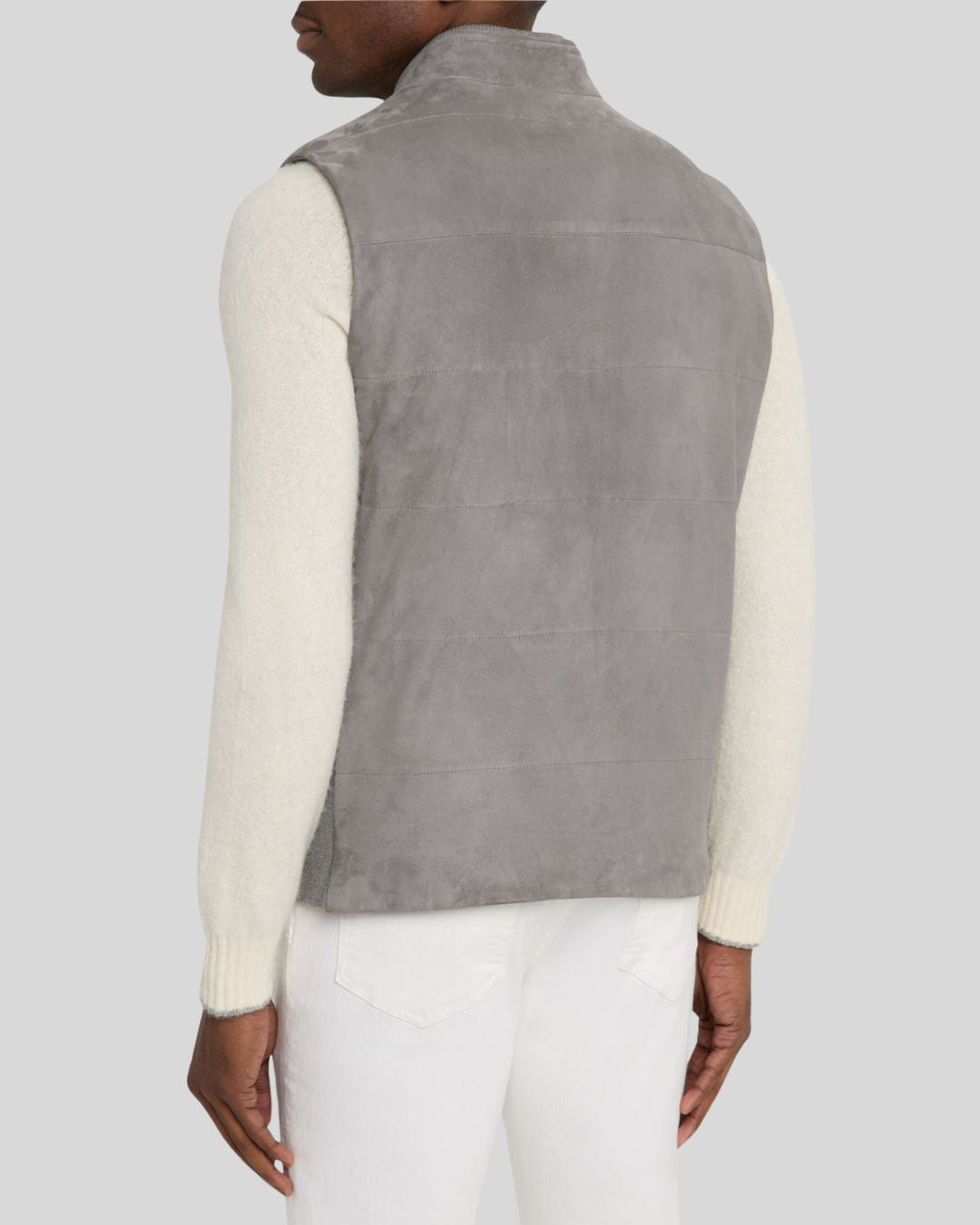 Rear view of grey suede leather vest