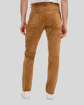 back view of men’s suede pants in caramel tan