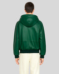 Back view of green lambskin hoodie bomber jacket for men