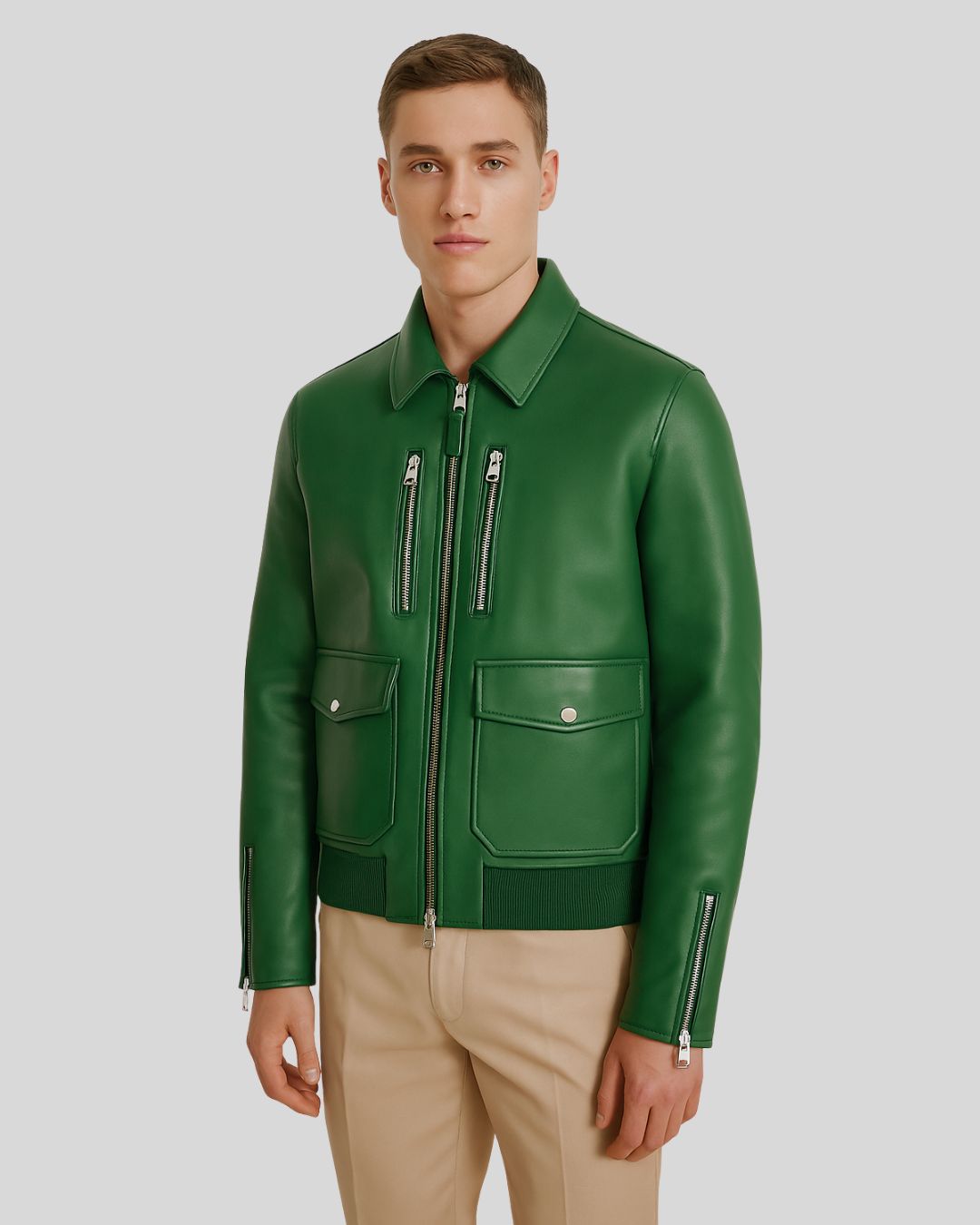 Male model wearing a green leather bomber jacket with front zip pockets and beige pants.