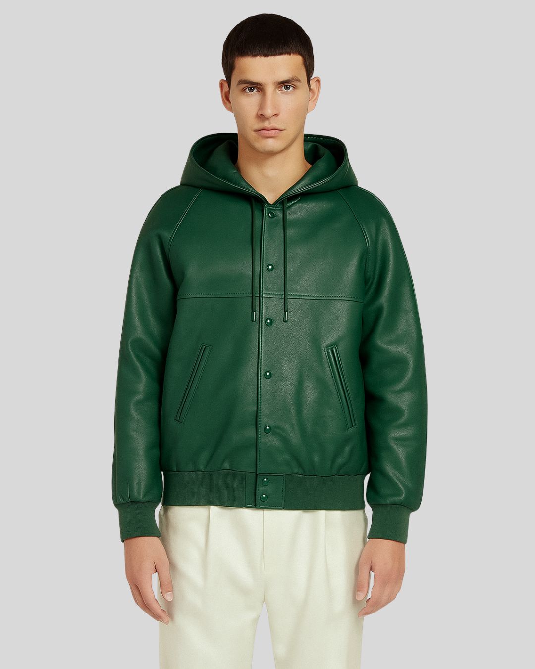 Front view of green leather hoodie jacket for men