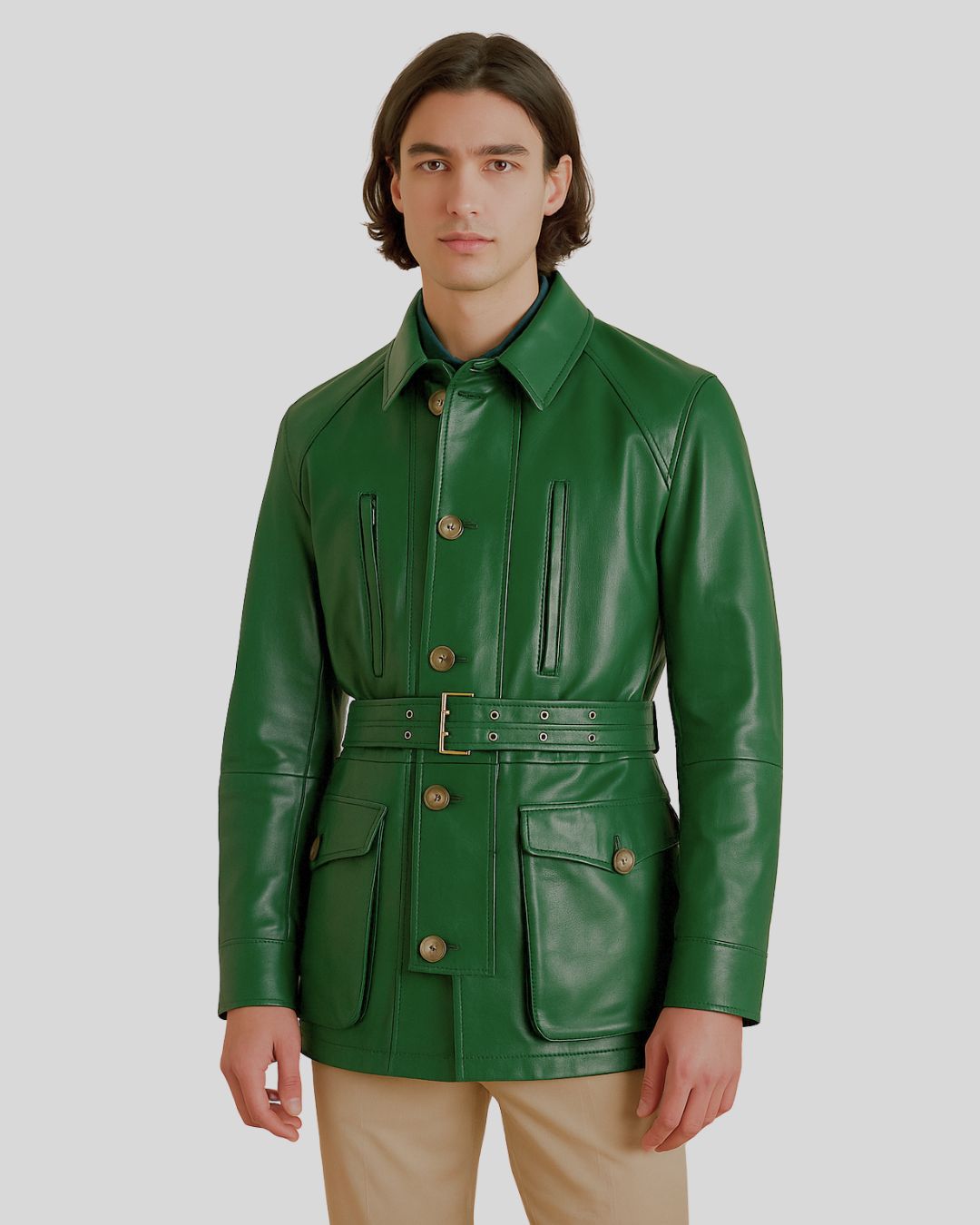 Green Leather Safari Jacket for Men – Front View