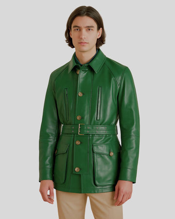 Green Leather Safari Jacket for Men – Front View
