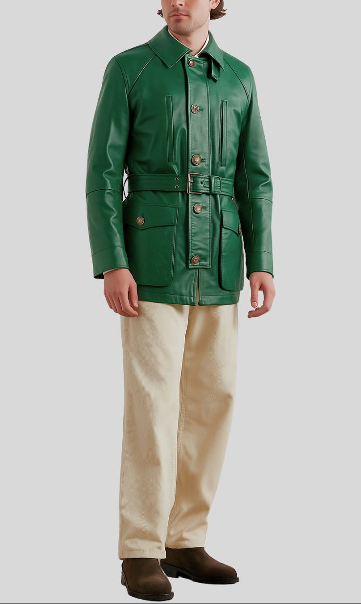Green Leather Safari Jacket for Men – Front View