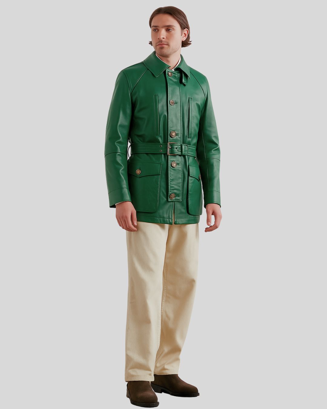 Belted Green Leather Safari Coat Side Angle