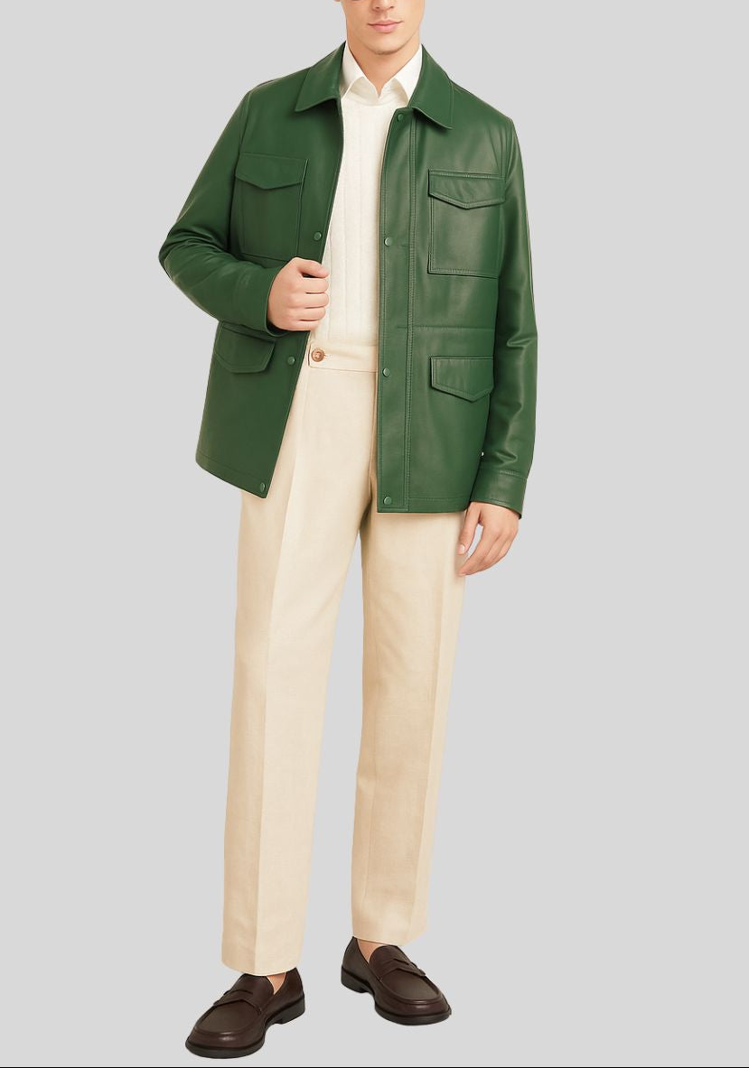 Imperial Utility Green Leather Field Jacket for Men