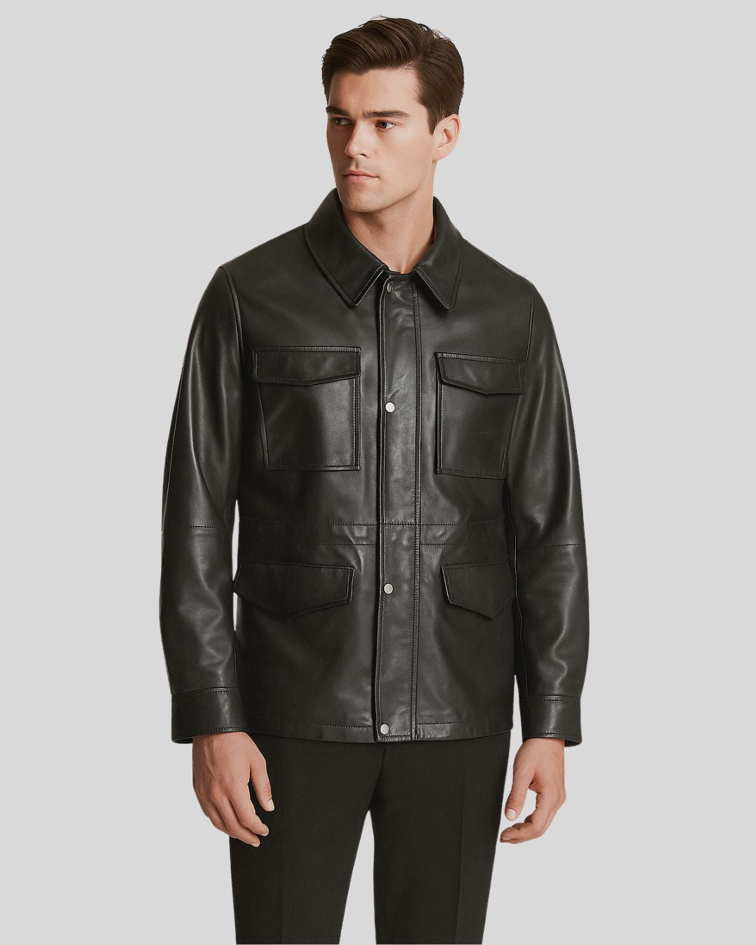 Front view of Imperial Utility Black Leather Jacket on male model