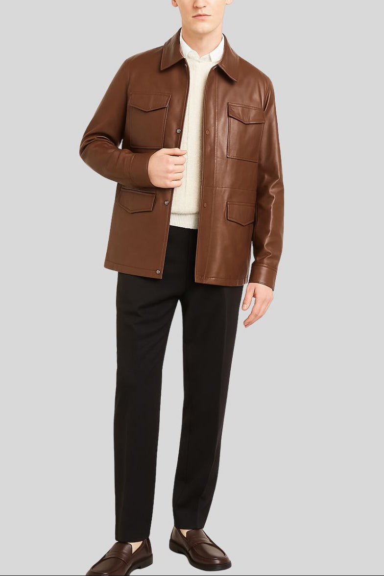 Close-up front of the brown leather utility jacket with flap pockets