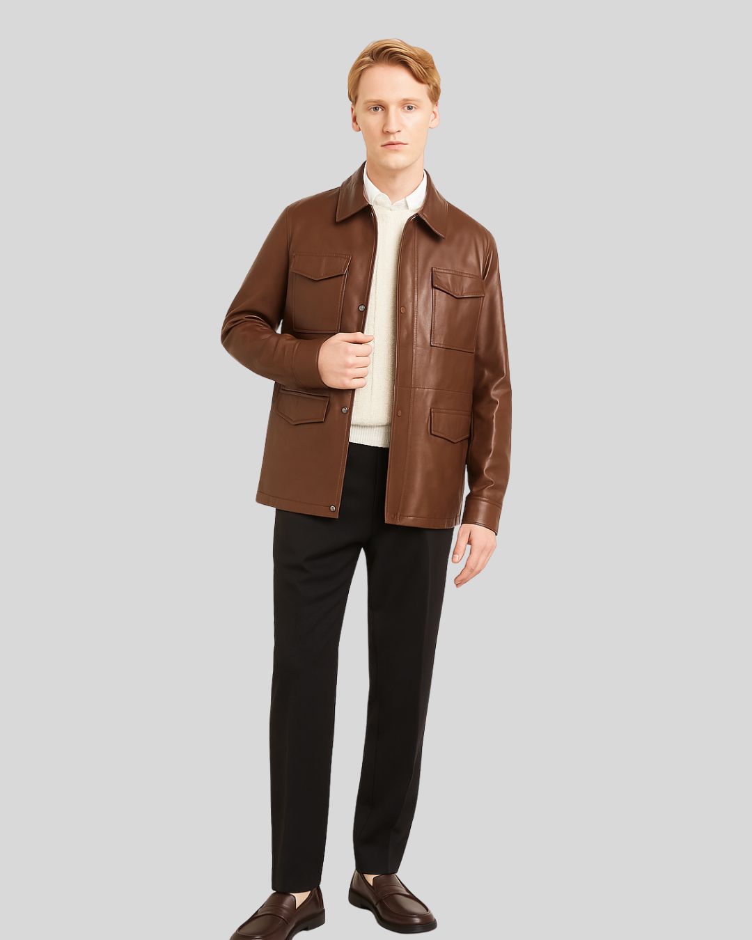 Front full-body view of man wearing Imperial Utility Cognac Brown Leather Jacket