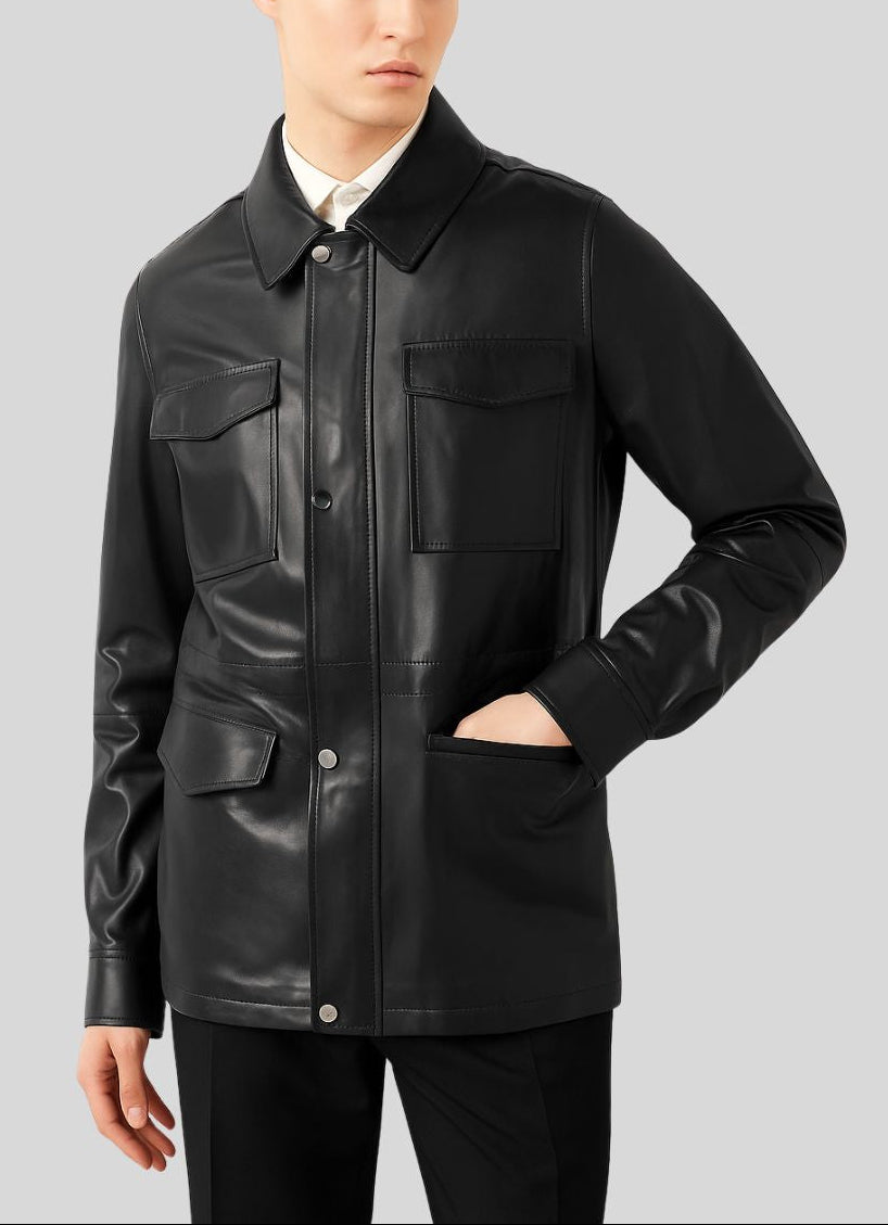 Male model with hand in pocket wearing black leather jacket
