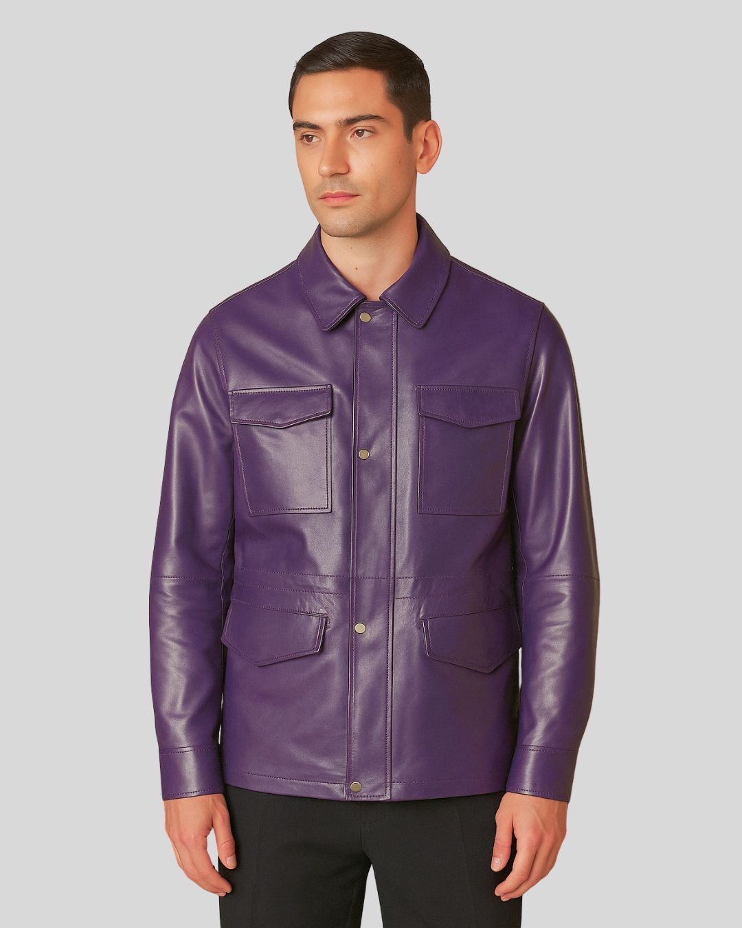 Front view of Imperial Utility Purple Leather Jacket for men