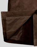 Interior satin lining of dark brown suede coat